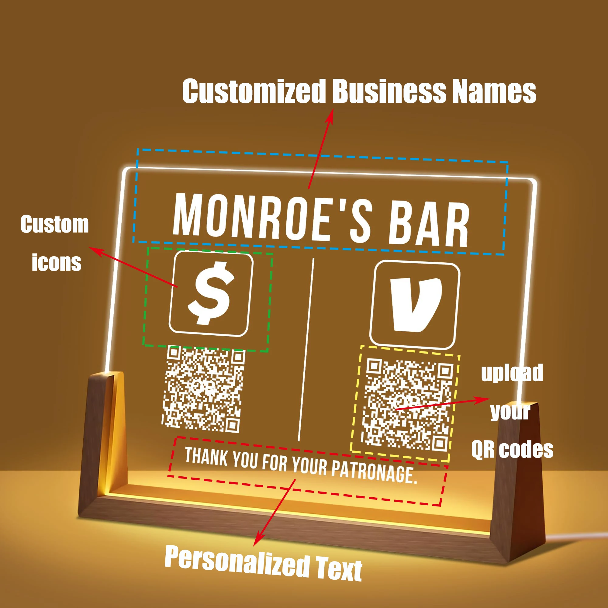 Custom Glowing Acrylic QR Code Stand Personalized Logo LED Illuminated Display Sign For Business Payment Social Media Reviews