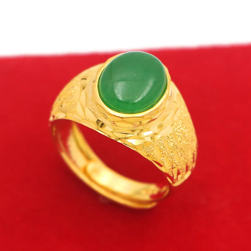 9999 Gold Agate Carved Ring for Men - Adjustable Snap-On Deep Green Jade Ring