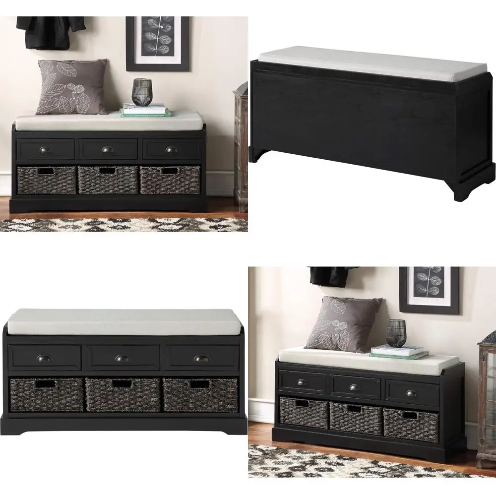 

Rattan Storage Bench with Cushion, 3 Drawers, 3 Baskets - Wood Entryway Furniture for Hallway, Living Room (Black)