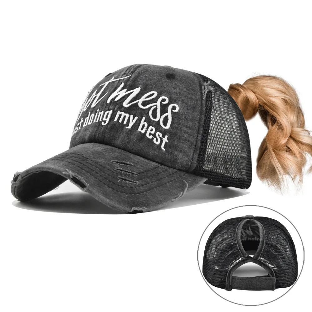 

Washed Cotton Golf Dad Hat Embroidered Trendy Open Top Ponytail Distressed Baseball Cap Versatile Sun Hat