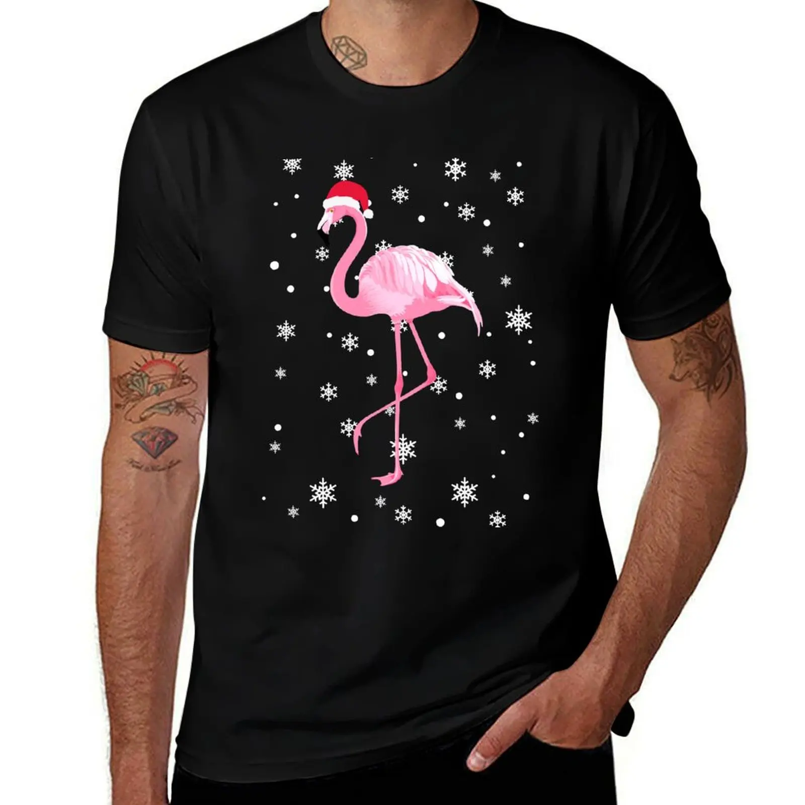 FLAMINGO CHRISTMAS with snowflake T-Shirt Big Size Short Sleeve Casual Top T-Shirt