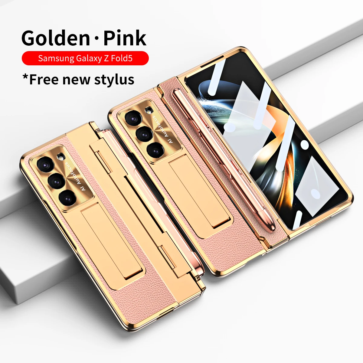 With S Pen Fold 4 Plating Leather Case For Samsung Galaxy Z Fold 3 4 5 360 Full Screen Protector Magnetic Kickstand Phone Cover