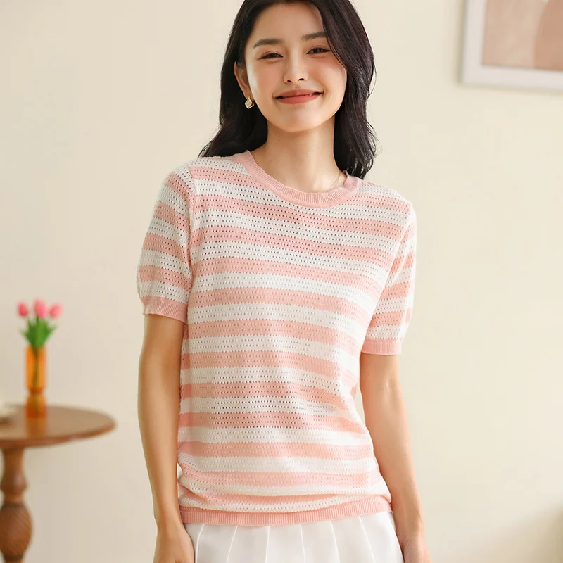 

100% New Cotton Knitted round Neck Short Sleeve T-Shirt Casual Versatile Summer Fashion Striped Color Block Crew Neck Top