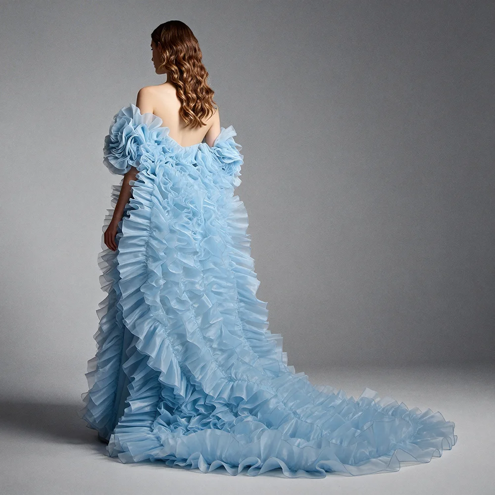 Wedding Cape Blue Off Shoulder Oversized Ruffled Organza Bridal Cape with Train Detachable Wedding Accessories ES64132D
