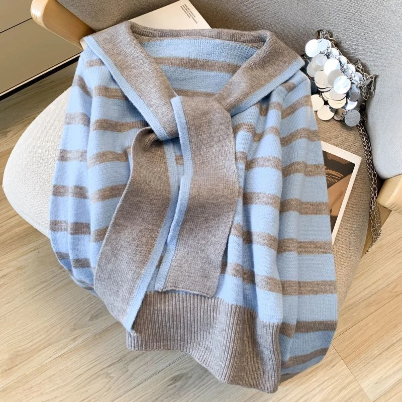 

Sweet Autumn New Retro Navy Collar Striped Versatile Knitted Sweater Feminine Long-sleeved Top