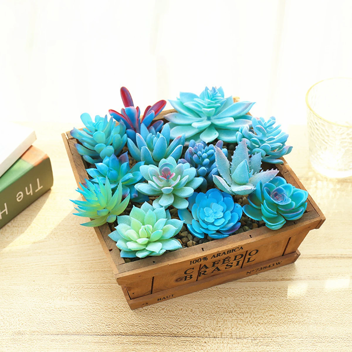 Niebieskie sztuczne sukulenty flokowane, mini fałszywe sukulenty, rękodzieło DIY, domowa ściana kwiatowa, aranżacja ogrodowa, dekoracje biurowe