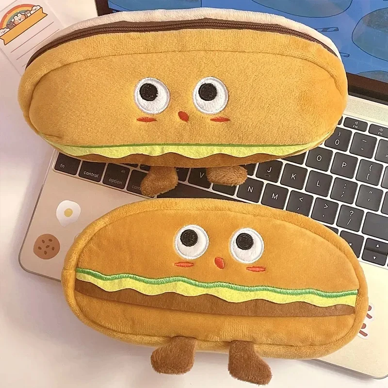Bolsa de lápices de felpa para pan tostado, hamburguesa, artículos de papelería Kawaii de gran capacidad, regalo para la vuelta a la escuela, 1 ud.