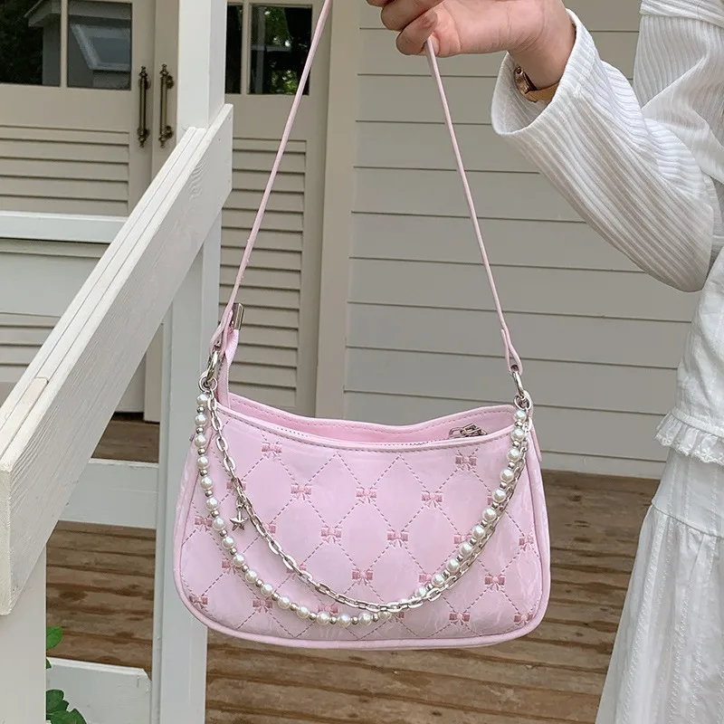 Pink Womens Shoulder Bag Elegant Cute Bow Pearl Chains Bow Embroidery Handbag Casual Leather Korean Fashion Female Handbag