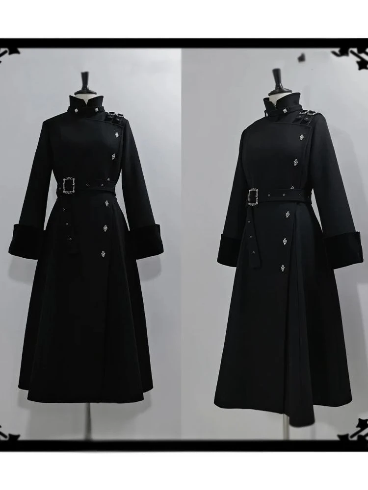 2025 Winter Gothic Belted Slim Mid Length Wool Coat Black Elegant Patchwork Trench High Street Office Lady Casual Jackets New