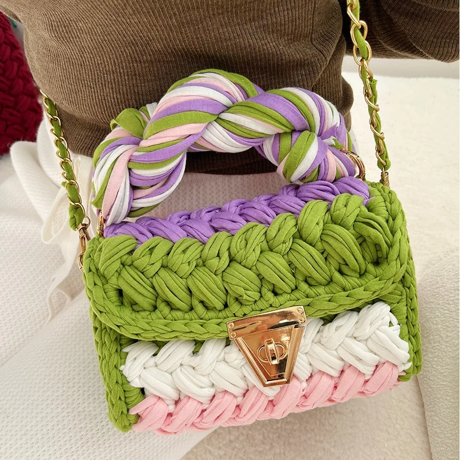 Fashion Wool Knitting Handbag Handmade Crochet Shoulder Bag Tassel Woven Bags for Women Designer Yarn Crossbody Bag Flap Purses