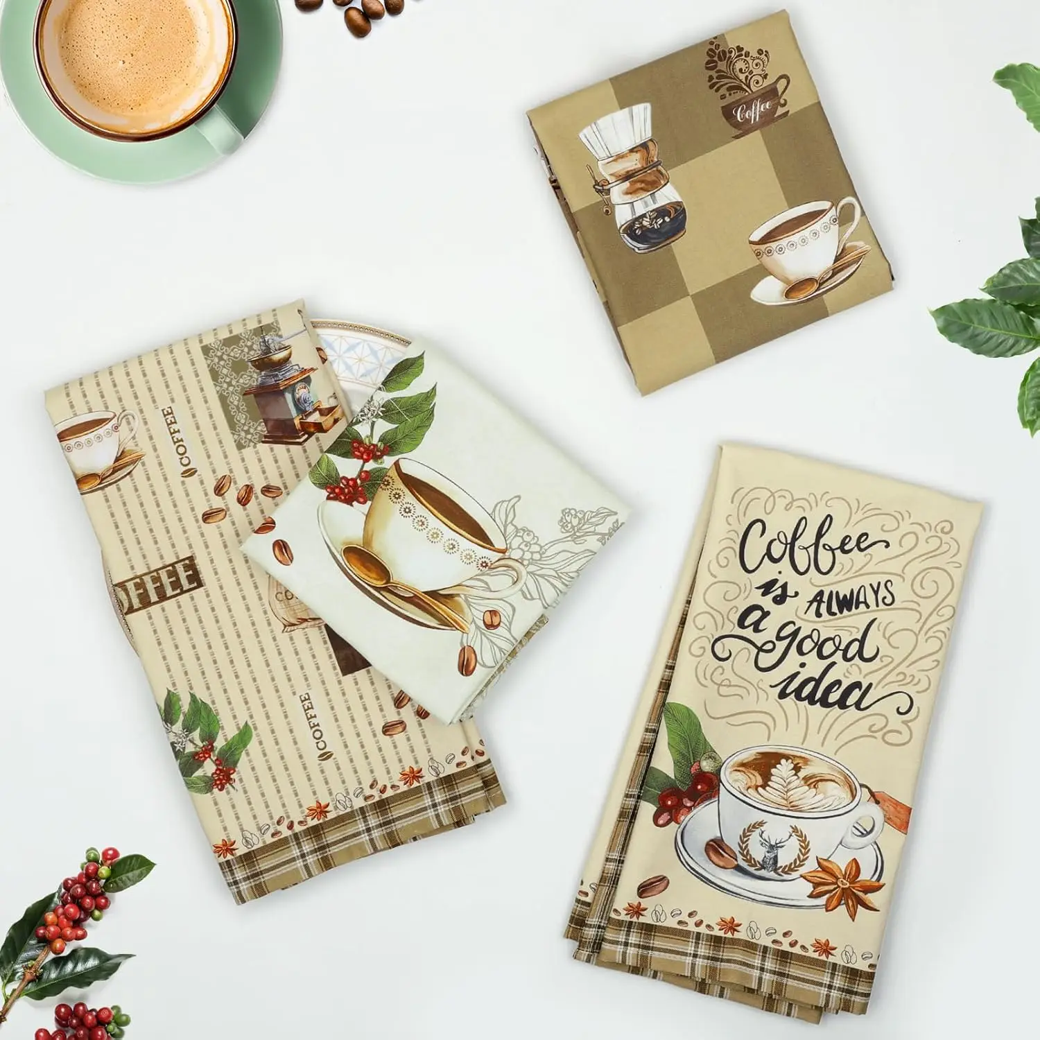 4Pcs, Plaid Lettered Coffee Kitchen Towels, 40Cm*60Cm Towel Set, Best Kitchen Towels, Super Absorbent Soft Cleaning Cloth, Cooking and Baking Tea Towels, Hand Towels, Cleaning Cloths, Dishcloths, Kitchen Decor, Living Room Decorations, Kitchen Essentials, Home Essentials