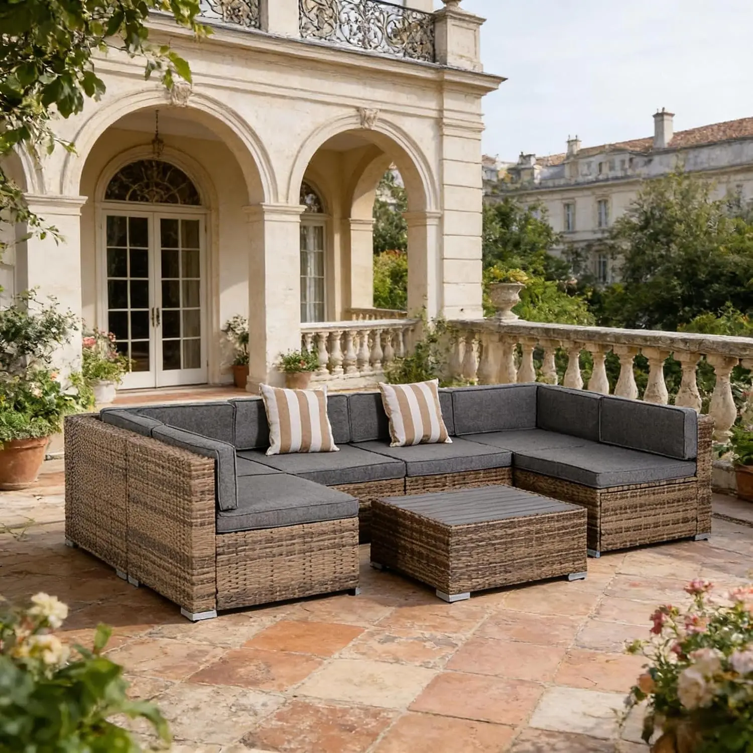 7-Piece Gray Rattan Sectional Sofa Set With Coffee Table, Outdoor Patio Furniture, Customized