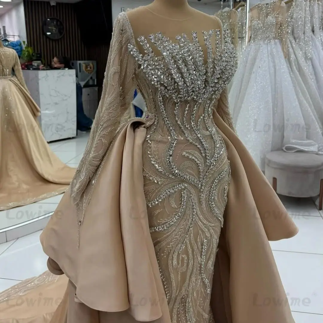 

Роскошное вечернее платье цвета шампанского с длинными рукавами и верхней юбкой, свадебные платья по индивидуальному заказу, свадебное платье, платье для выпускного вечера для торжественных случаев