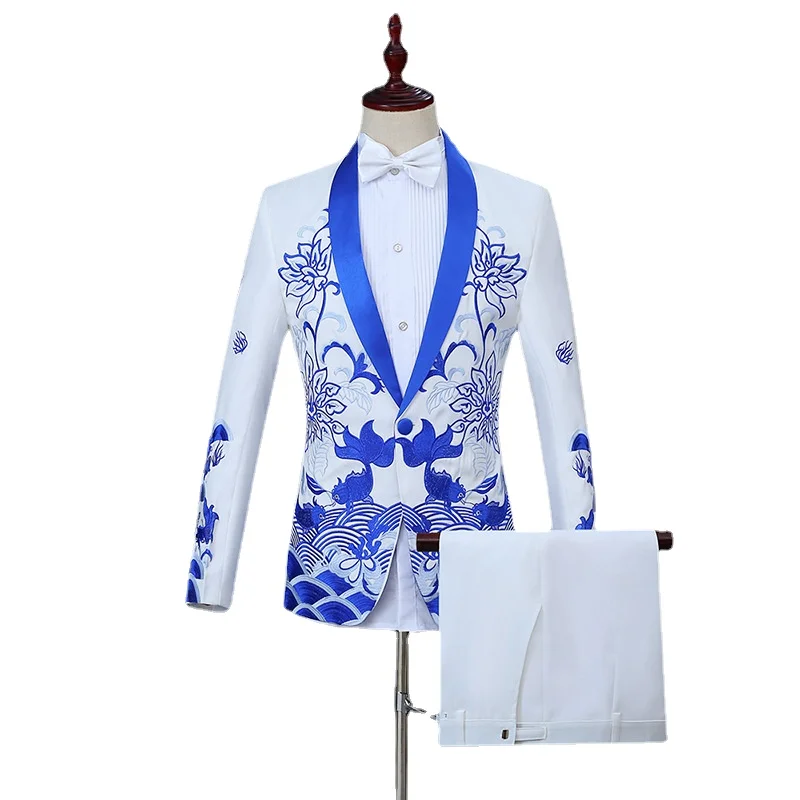 Fashion Men Business Embroidery Suit 2 Piece Black / Red / Blue Classic Male Wedding Dance Party Dress Blazer Jacket and Pants