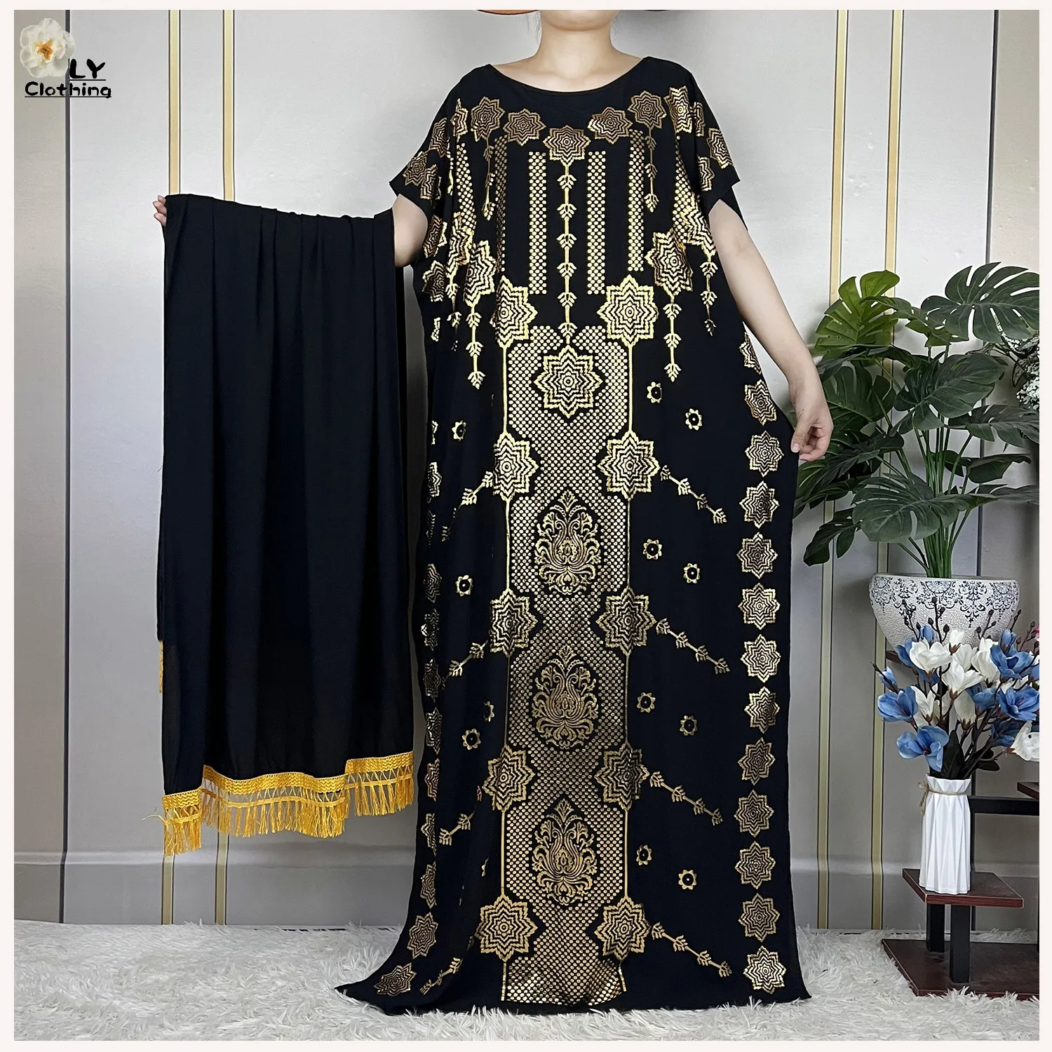 New African Abaya Femme Short Sleeve Dress With Big Scarf Dashiki Printed Cotton Loose Women's Kaftan Islamic Casual Clothing