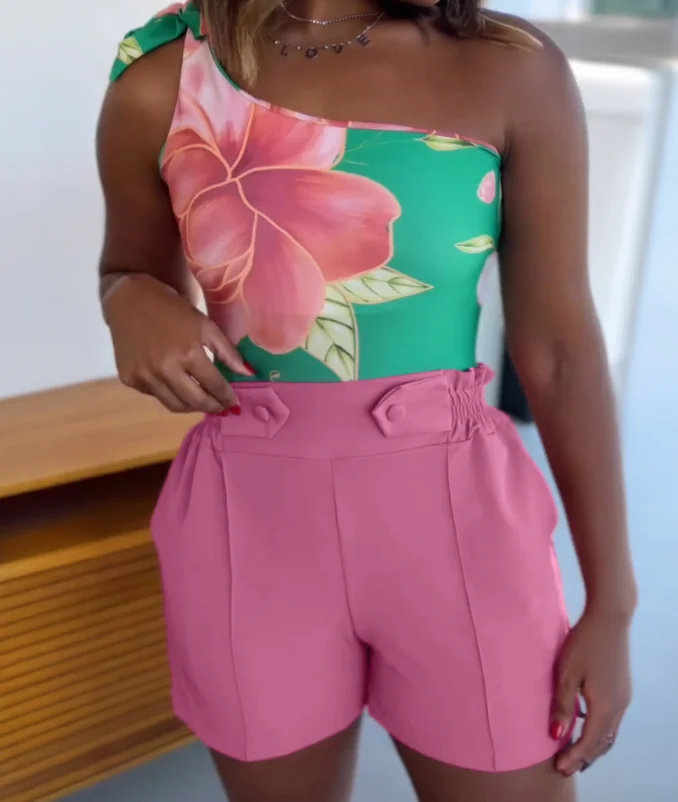 بذلة امرأة زهرة طباعة غير متناظرة مائل طوق أكمام مرونة الخصر جيب بذلة المرأة الحضرية سليم صالح بذلة