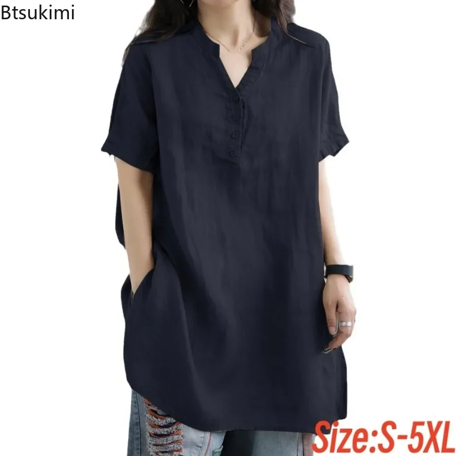 2024 Summer Oversize Blouse Women Casual Short Sleeve Loose Tops Fashion V Neck Solid Tunic Work Shirt Female Blusas Chemise 5XL