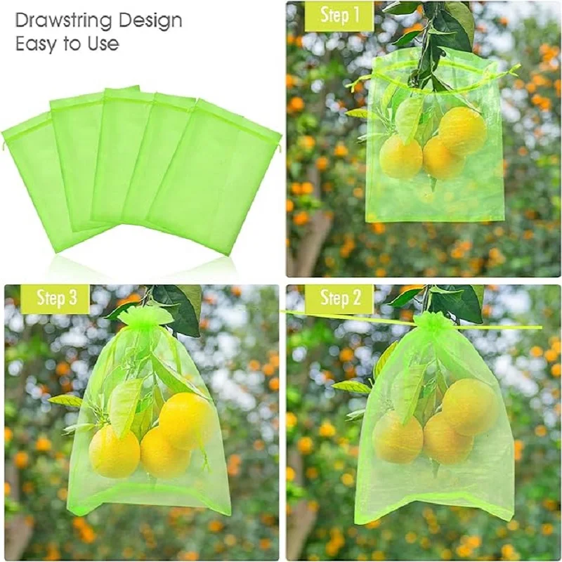 50PCS Fruit Protection Bag Green Mesh Netting Bag with Drawstring Protect From Insect Birds Squirrels Gardening Tool