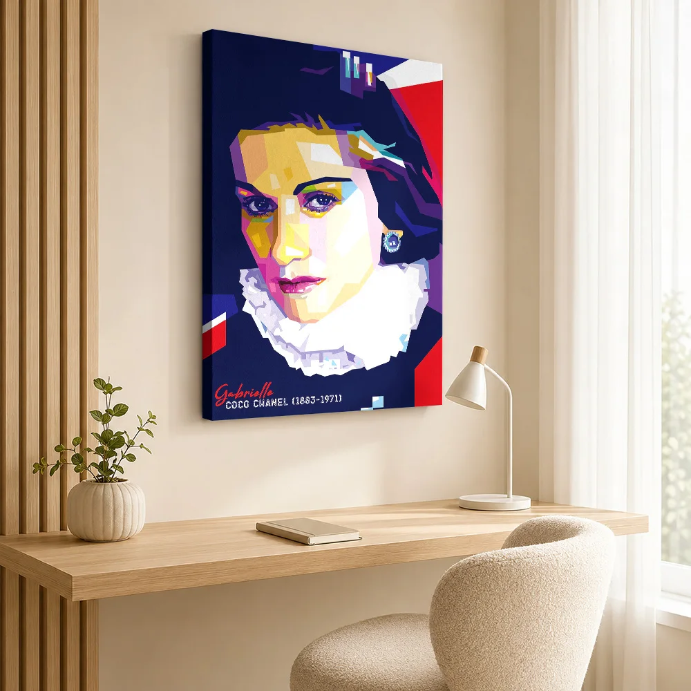 Coco Chanel Portrait Framed Canvas Print Personalized Photo Multicolor Polygon Shapes Wall Art For Entryway Housewarming Gift