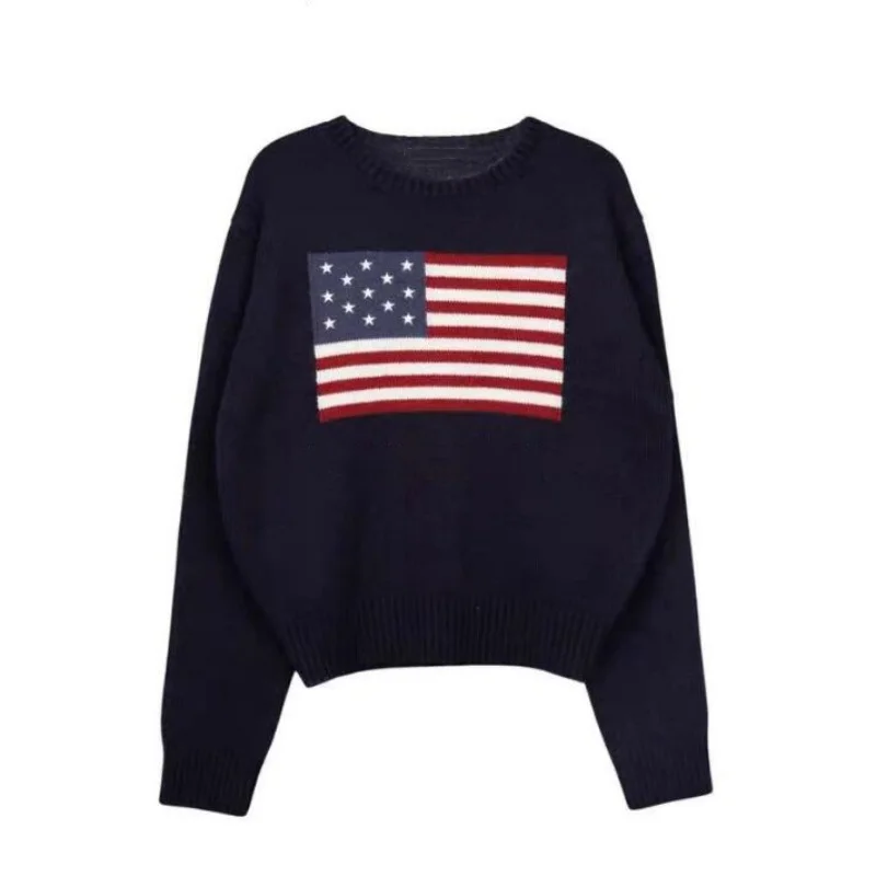 Spring Autumn New Ralph Men\'s Knit Pullover Y2K Vintage Casual Embroidery Flag Crew Neck Lauren Women\'s Knit Sweater Pullover