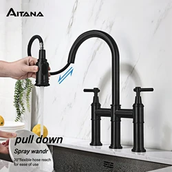 American black brass kitchen faucet 2-hole double handle cold and hot double control pull-out design three-function sink faucet
