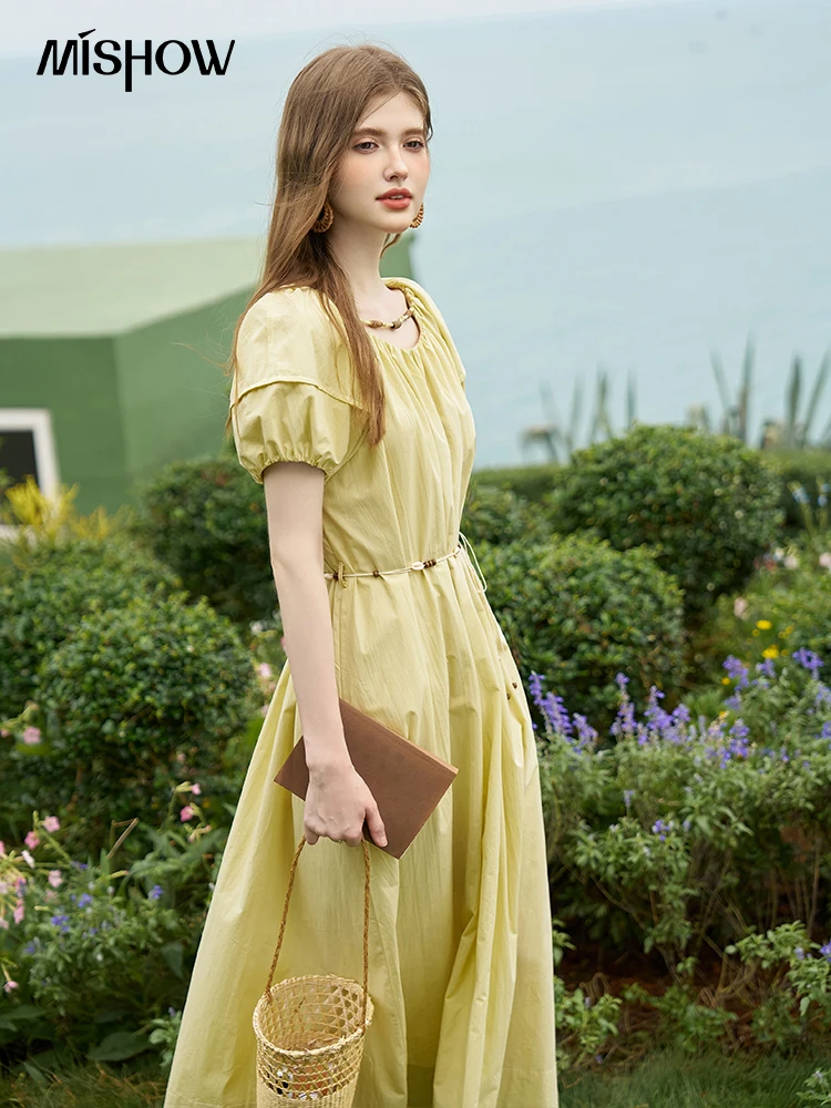 MISHOW 100 Cotton Bohemian Dress 2024 Summer French Elegant Elastic Round Neck Bubble Sleeve Long Dresses with Belt MXD26L1940