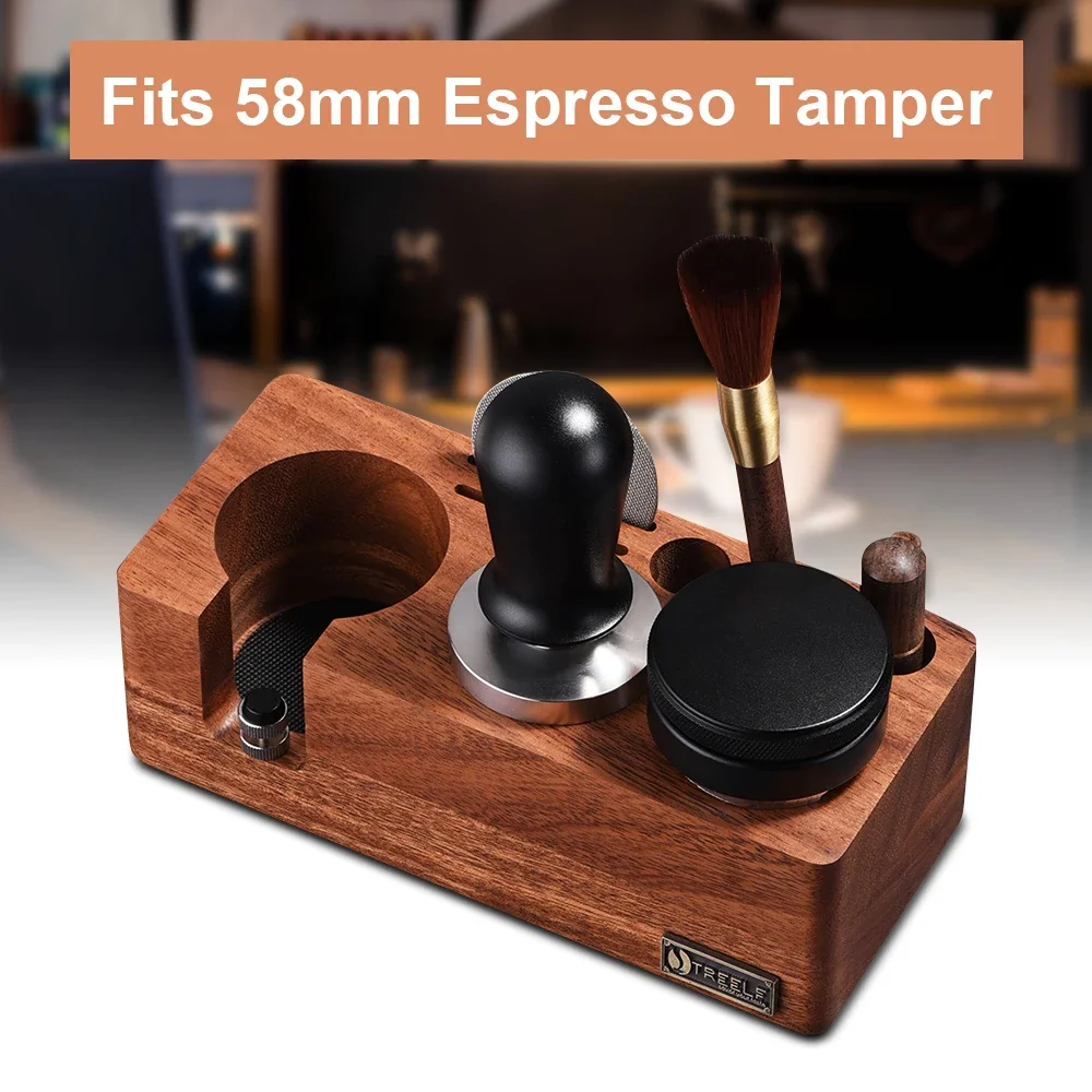 For TREELF Walnut Espresso Tamping Station Adjustable Height 3-in-1 Coffee Tamper Station Organizer Distributer and Holder