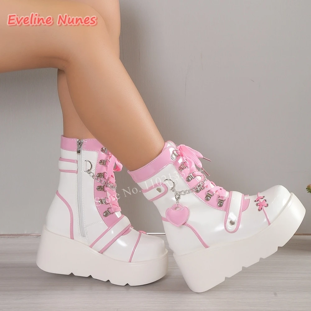 Witte Punk Dikke Zool Mid-Calf Laarzen Dames Cross Band Ronde Neus Lederen Mode Party Plus Size Heart Schattige Hottie Schoenen