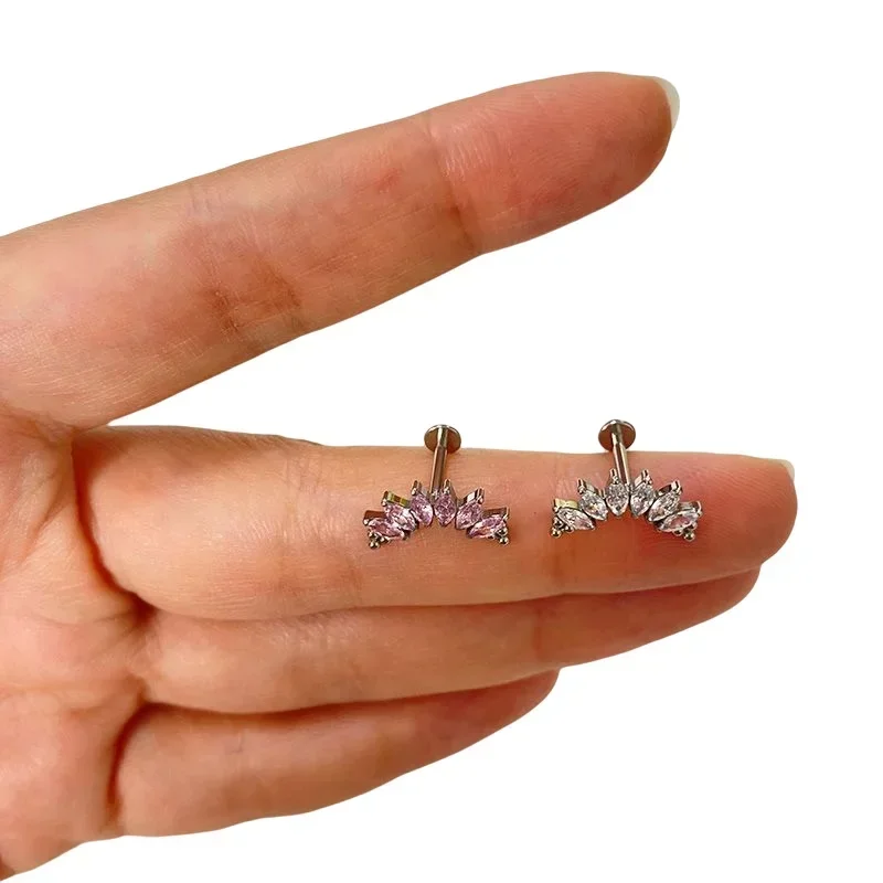 ASTM F136 Titanium PIERC 6 CZ Marquise With Tri-bead Cluster Threaded Top Ear Cartilage Earrings Lip Ring Stud Piercing Jewelry
