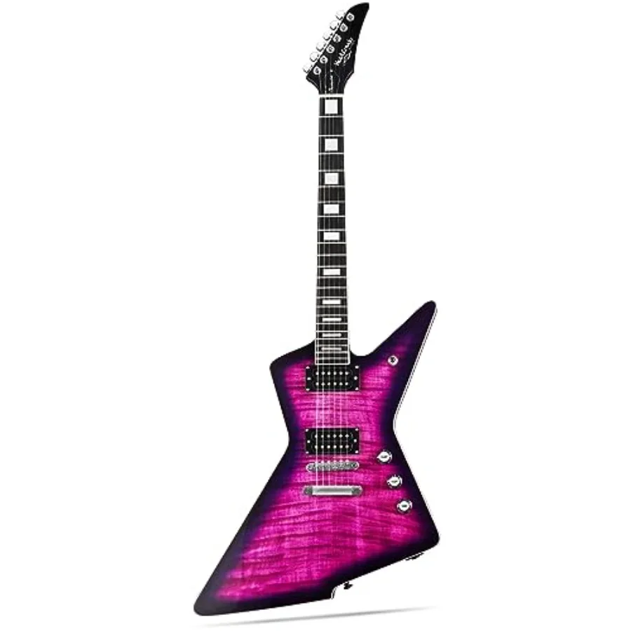 

Heavy Metal electric guitar for stage performance, mahogany body, black finish, alnico humbucker pickups and rounded end jumbo