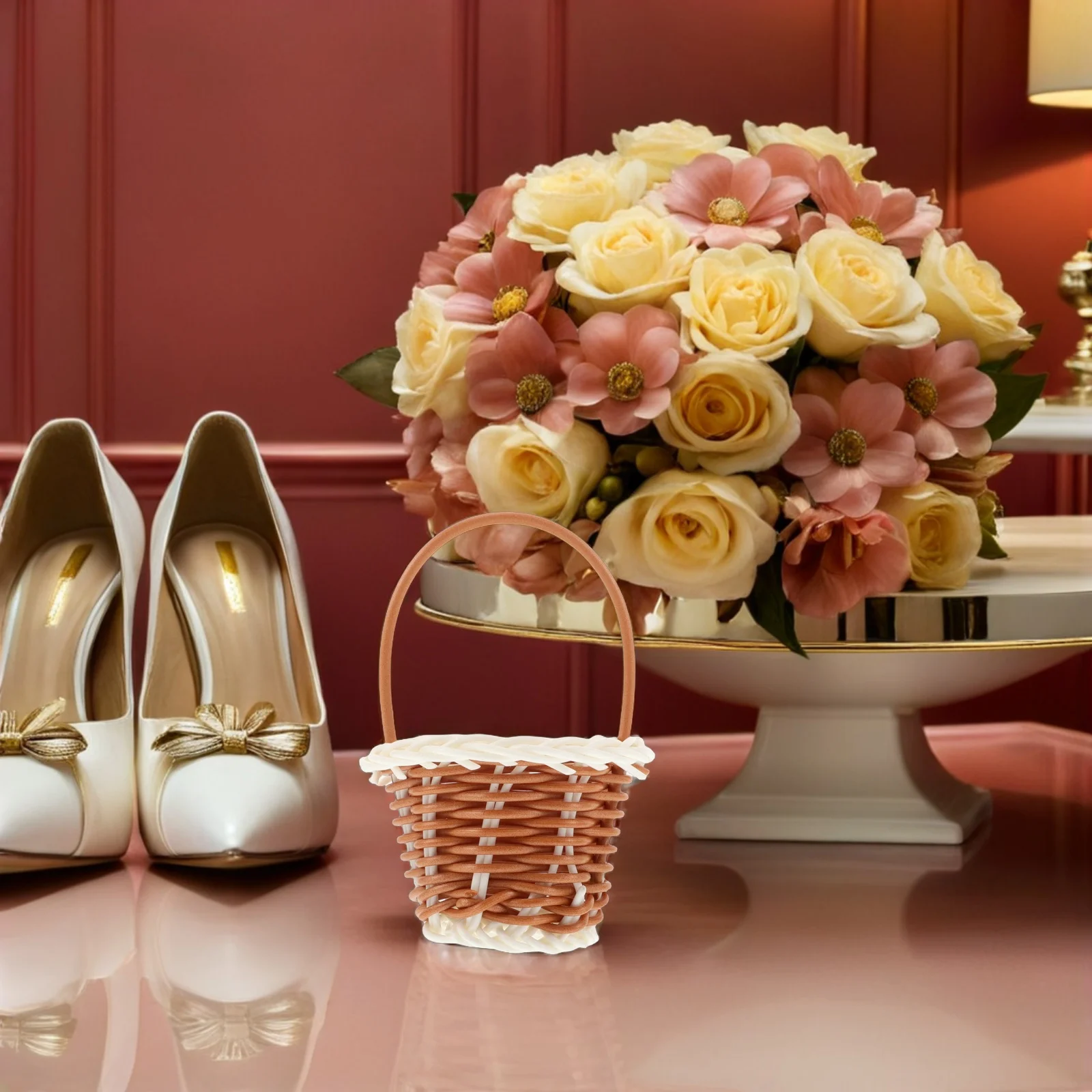 

10pcs Wedding Woven Flower White Handmade Fruit Display Baskets Bridal Floral Basket Crocheted Portable Small Plastic Storage