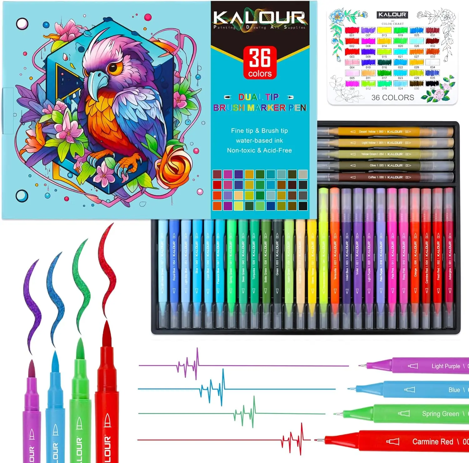 

36 Colors Art Markers Pens,Dual Tip (Brush and Fine Point),Color Number and Color Name,Art Marker for Coloring Lettering