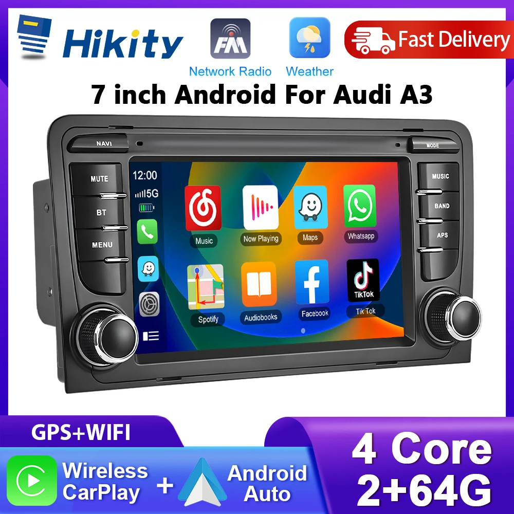 Hikity 2 + 64G 2Din Auto Stereo Für Audi A3 Auto Intelligente Multimedia WIFI Carplay Android Auto BT RDS navigation USB Autoradio