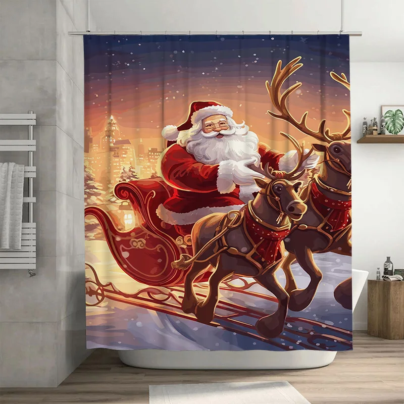 

Очаровательные рождественские сани Туну Санта-Клаус, занавеска для душа в ванной комнате, праздничный праздничный декор, забавный дизайн с оленями, водонепроницаемый домашний Ac