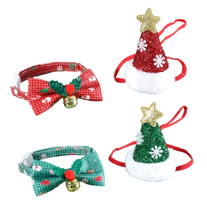 

M17D Fashion Christmas Theme Dog Cats Santa Hat Bowtie Set Party Gathering Pet Outfit