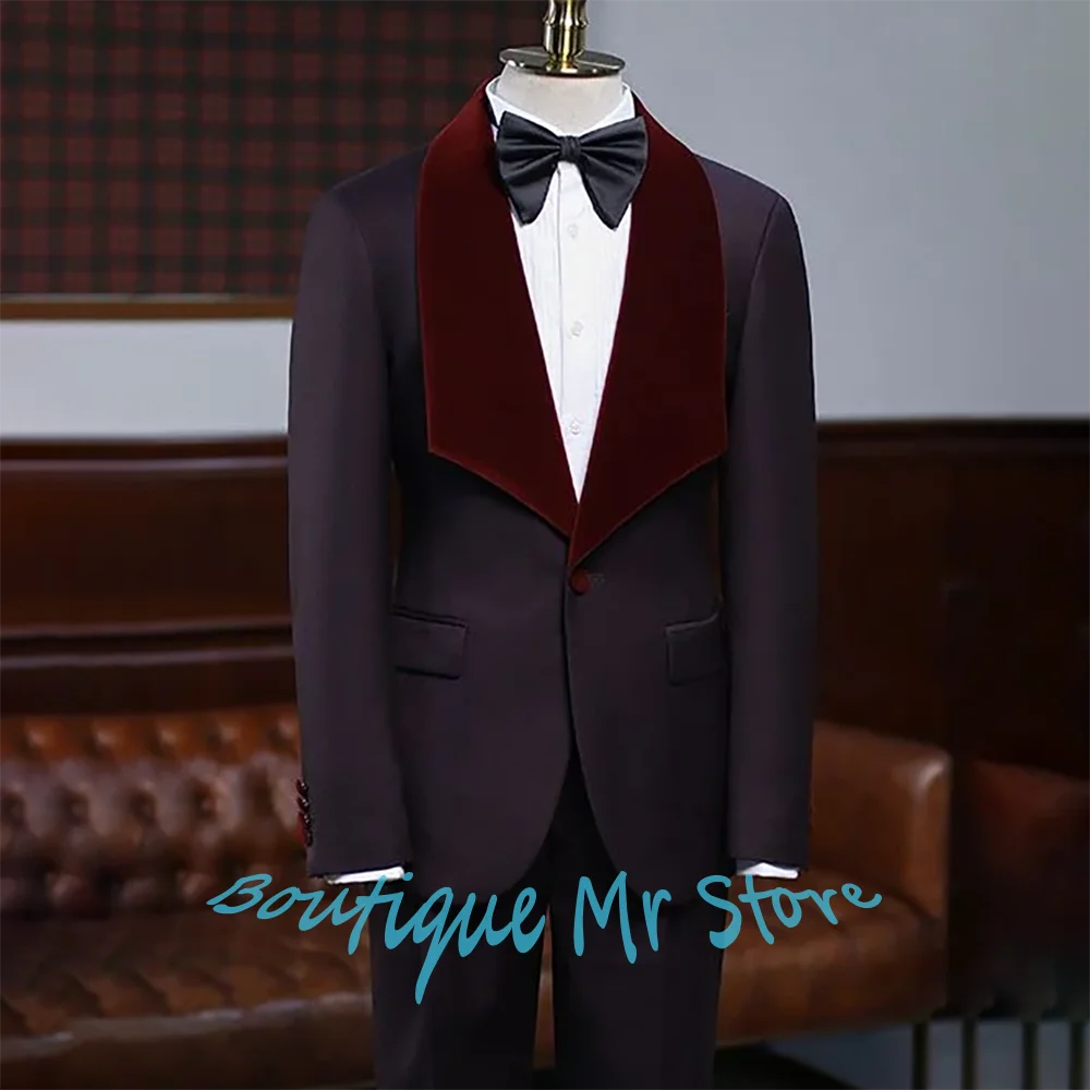 

Элегантный темно-фиолетовый мужской смокинг с бордовым бархатным шалью и лацканами, костюм из 2 предметов, официальная одежда для свадьбы, вечера, банкета, вечеринки