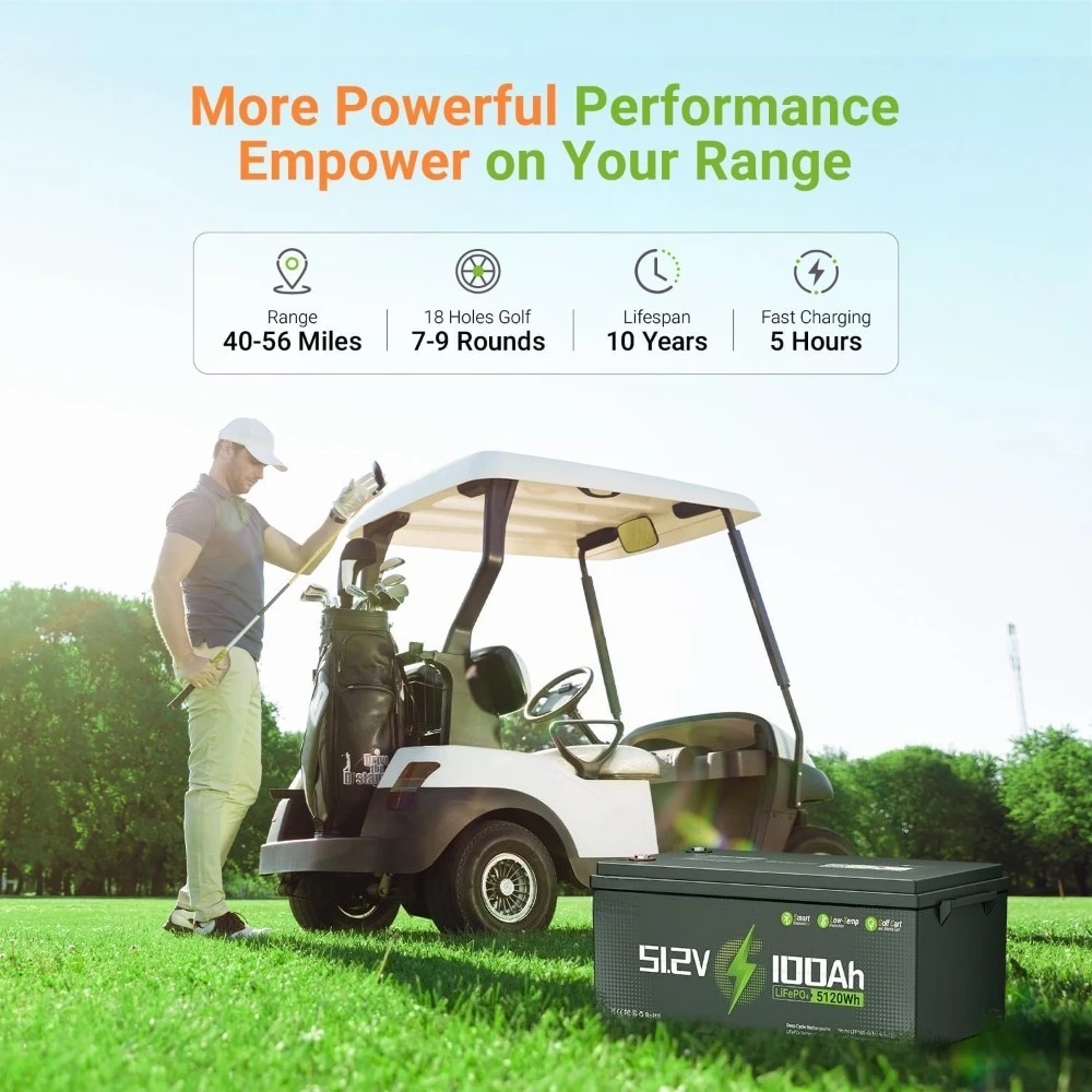 48V 100Ah Bluetooth Lithium Battery,Golf Cart Use,with Built in 200A BMS,5.12kWh 48V Lithium Battery with 10.24kW Output