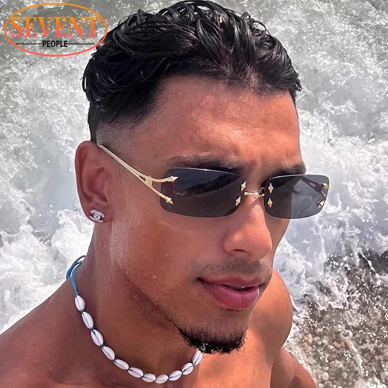 Rectangle Rimless Punk Sunglasses Men 2026 Luxury Designer Trendy Metal Hip Hop Sun Glasses Vintage Driving Shades Eyewear UV400