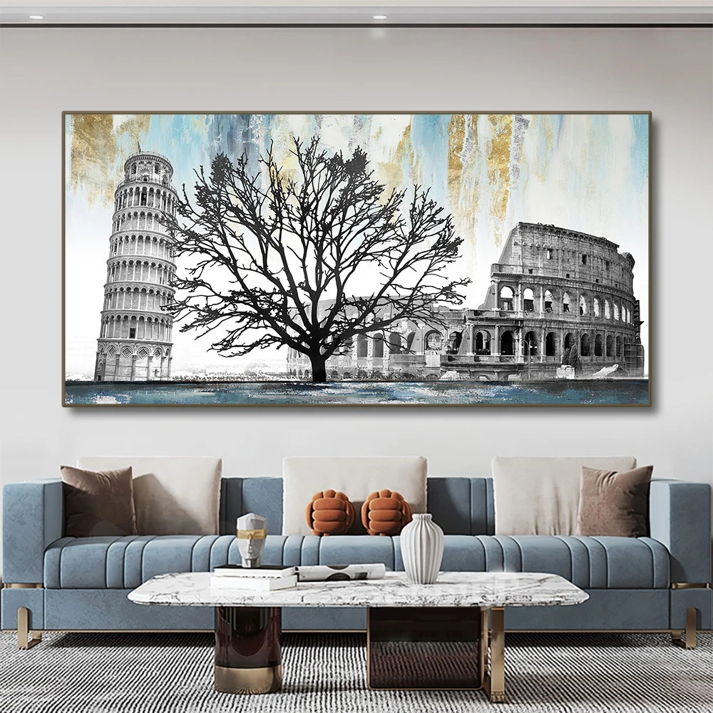 

Modern Wall Art Decor Oil Painting Leaning Tower of Pisa Rome Building Canvas Pictures Artworks Poster and Print Home Decorative