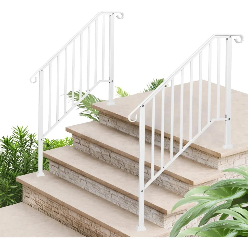 

2 Pack 4 Step Handrails for Outdoor Steps, Wrought Iron Stair Railing Fits 3 or 4 Steps, Metal Hand Rail with Installation Kit,