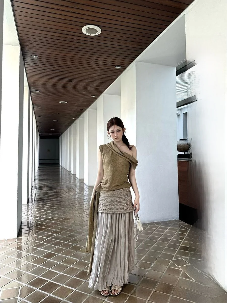 

Tomato Hero Vintage Holiday Style Women's Asymmetrical Design Double Thread Skirt And Top Set Spring Autumn Universal Fashion