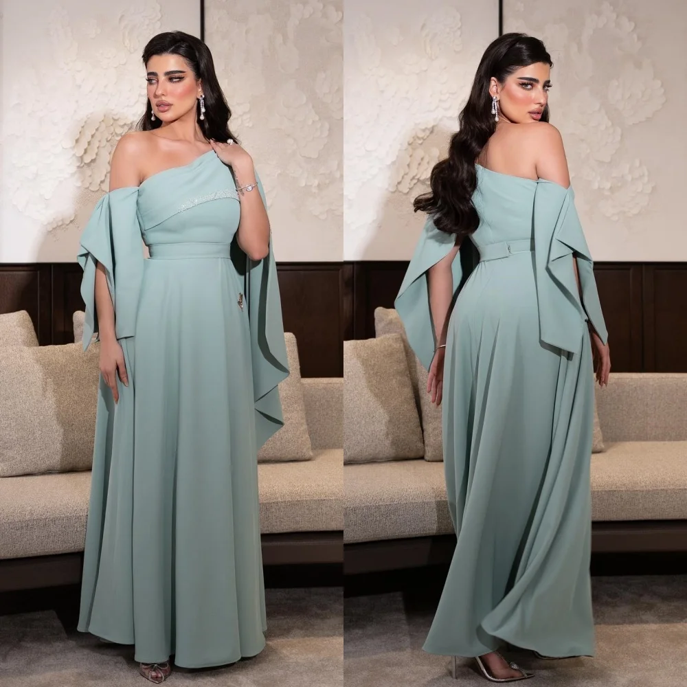 Gaun Prom Arab Saudi, Jersey malam manik-manik, gaun acara Off-the-shoulder Bespoke, Gaun panjang