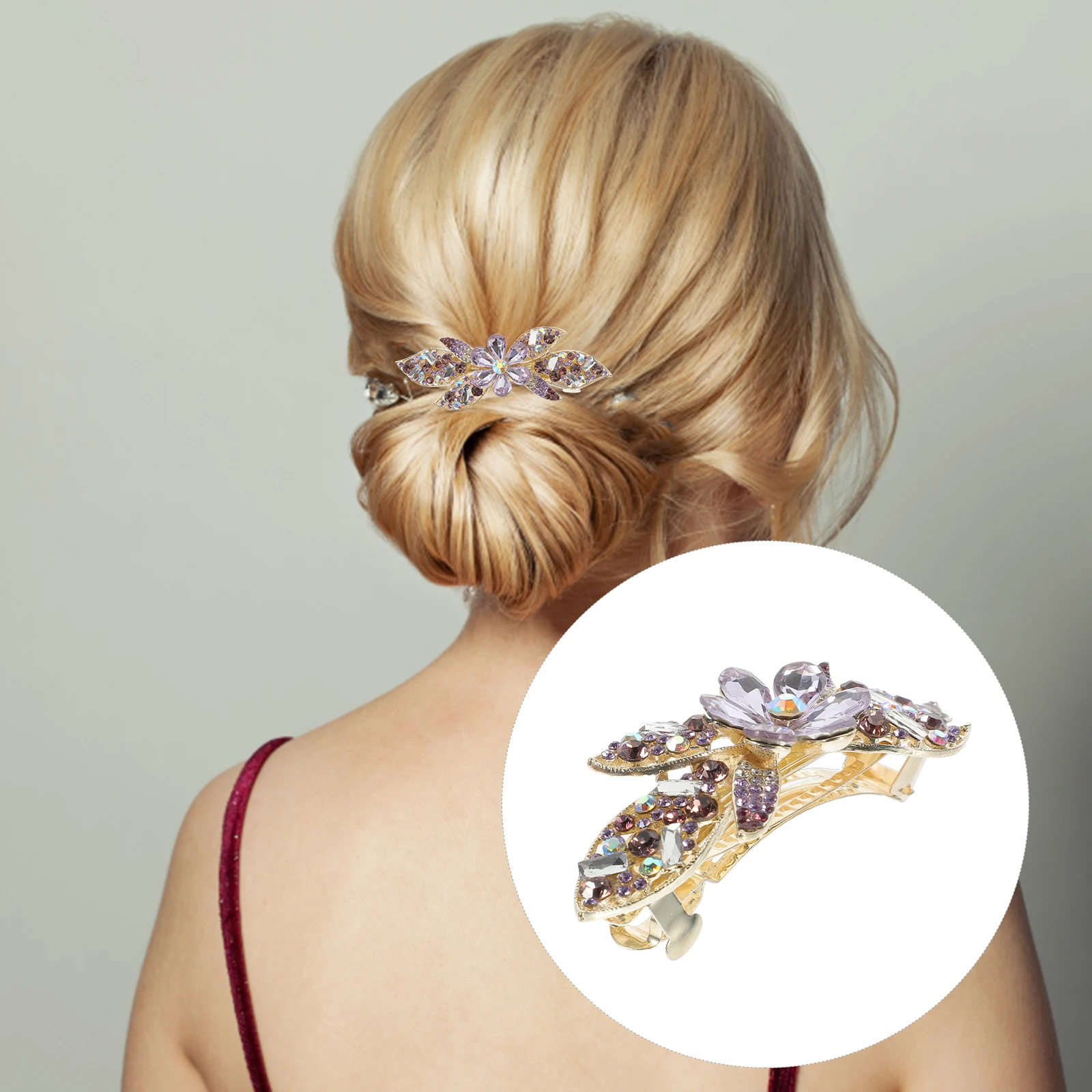 

Rhinestone Clips Purple Shiny Rhinestones Women Barrettes Hair Accessories No Crease Thick Fine Hair Bun Holder Ponytails Braids