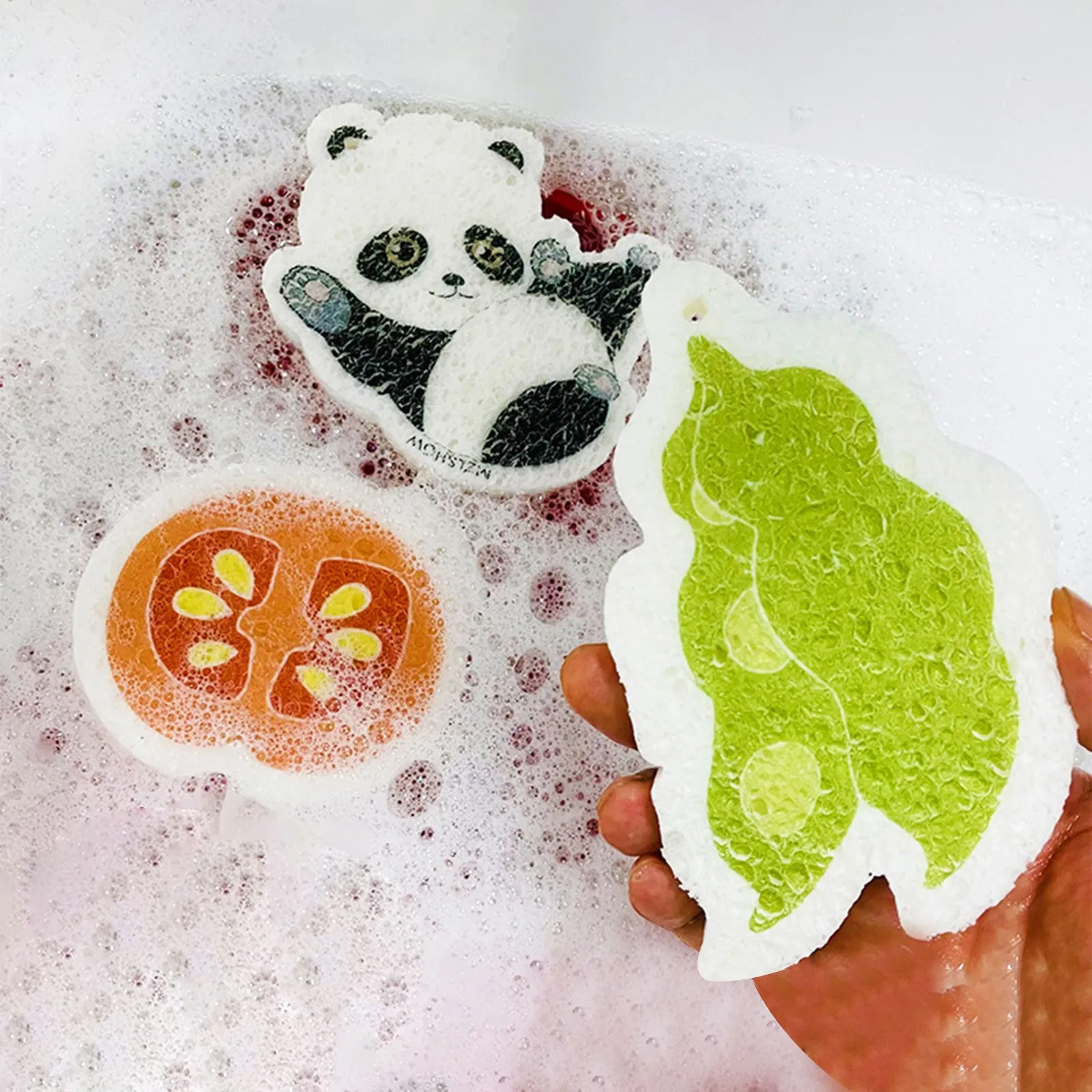 Compressed Wood Pulp Sponges in Cute Panda, , and Tomato Shapes for Dishwashing Dish Soap Sink Mount