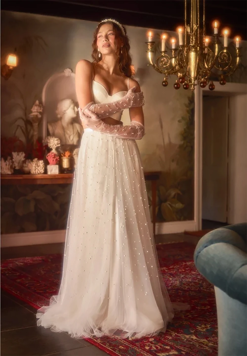 2026 New Spaghetti Strap Two Piece Wedding Dresses Pearl Beaded Tulle A Line Skirt Backless Bridal Gowns Set Boho Beach Style