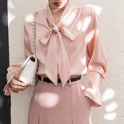 Elegant Wit Roze Strik Zijde Satijn Shirt Dames Blouses Mode Kantoor Dames Feestwerk Shirt Basic Lange Mouw Tops Effen Kleur