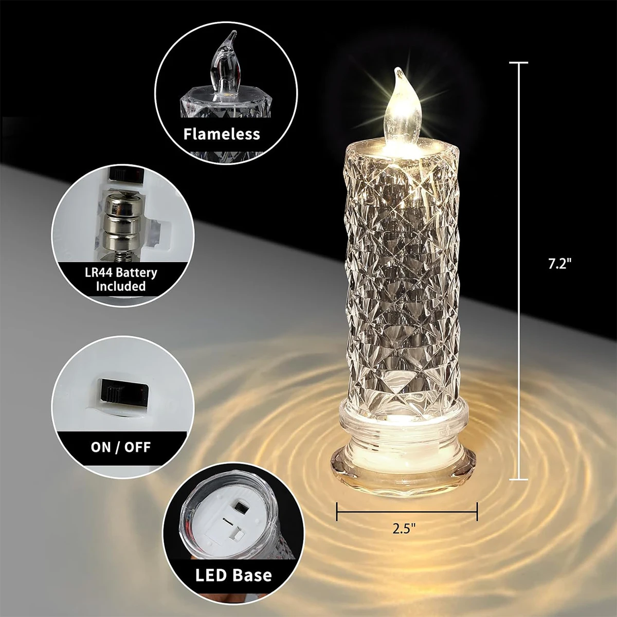 Led Crystal Candle Light Table Rose Romantic Night Bedroom Party Christmas Decor Decoration Pattern Shadow Transparent