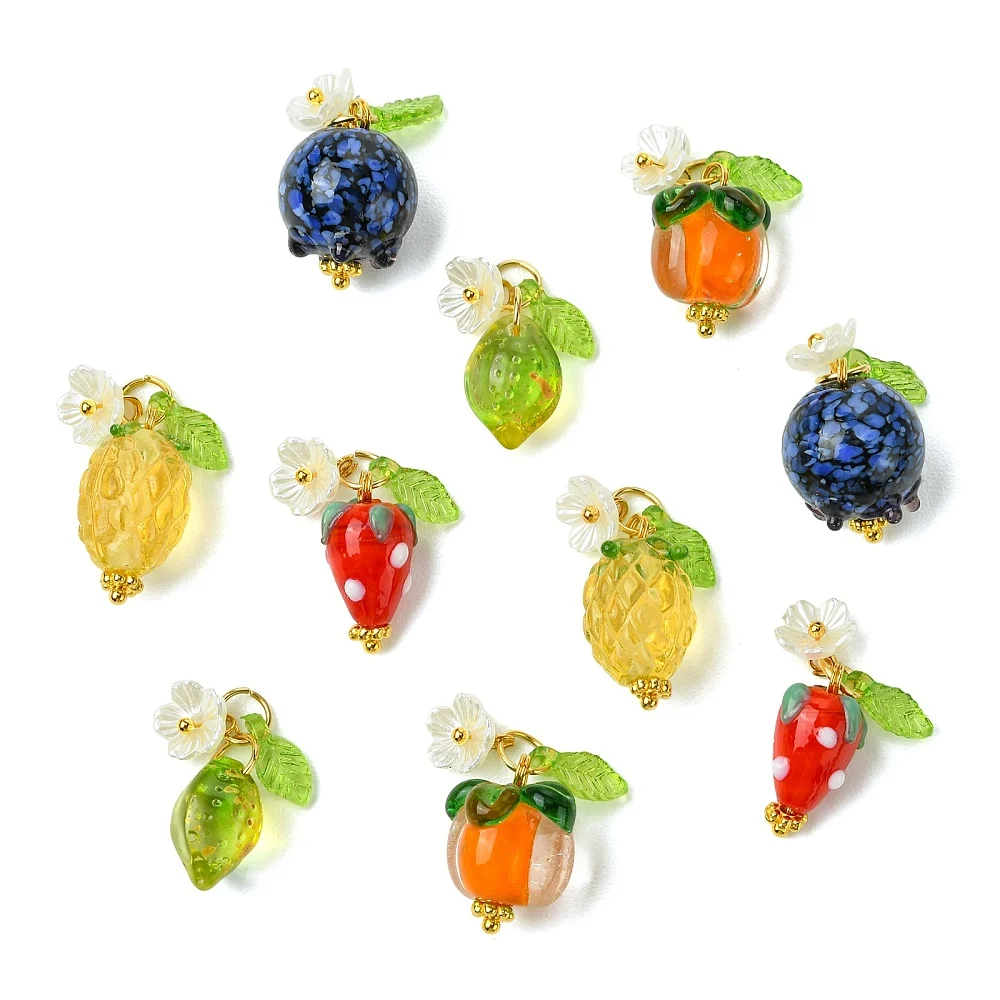 15pcs Mixed Fruit Lampwork Acrylic Charms Strawberry Blueberry Orange Lemon Flower Pendants for DIY Earring Jewelry Making Craft