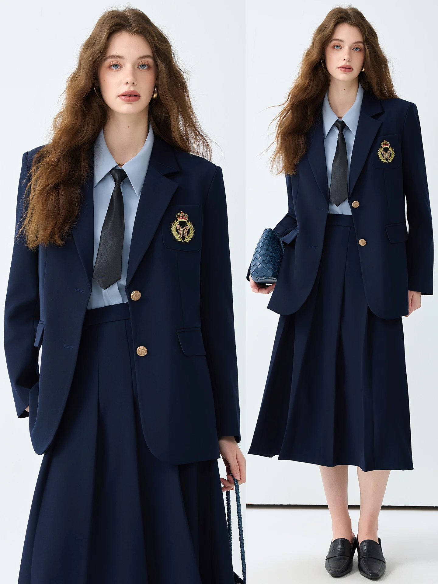 

Deep Blue Suit Set Women's Spring Autumn JK Uniform School Style High Fashion Career Personality Professional Jacket Dress