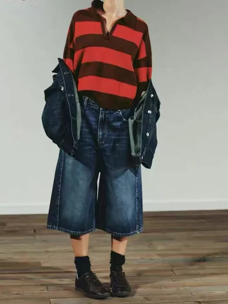 

European and American style 2025 winter new arrivals women's clothing design striped polo collar knit sweater